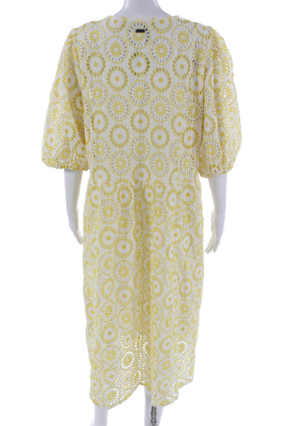 Barbour Women A-Line Sundress Yellow And White Floral Midi 3/4 Sleeve Tie Size 1