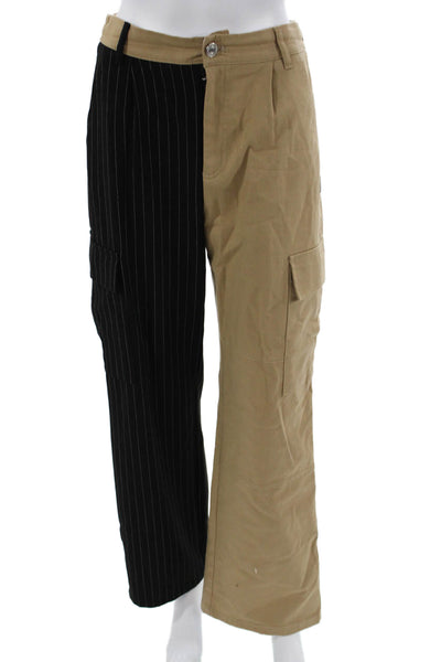 Bershka Unisex Cargo Dress Pants Beige Striped Button Polyester Viscose Size 4