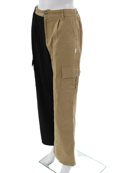 Bershka Unisex Cargo Dress Pants Beige Striped Button Polyester Viscose Size 4