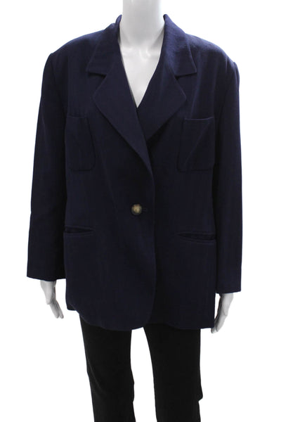 Louis Feraud Women Dark Blue Wool Blazer Collar Button Long Sleeve Size 14