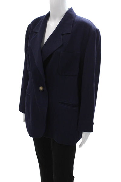 Louis Feraud Women Dark Blue Wool Blazer Collar Button Long Sleeve Size 14