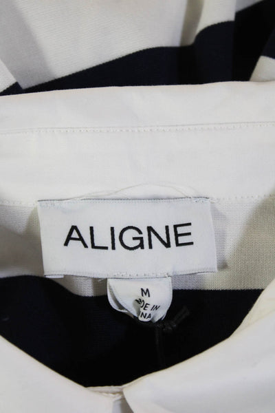 Aligne Womens Striped Shirt Dress Dark Blue Short Sleeve Size M
