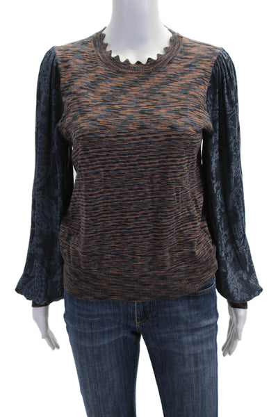 Current Air Women Blue Floral Pullover Sweater Boho Crew Neck Cotton Size S