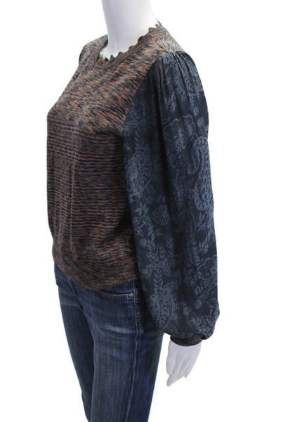 Current Air Women Blue Floral Pullover Sweater Boho Crew Neck Cotton Size S