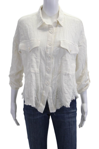 Decker Women Boho Cotton Collared Button-Up Blouse White 3/4 Sleeve Size S