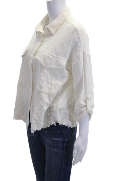 Decker Women Boho Cotton Collared Button-Up Blouse White 3/4 Sleeve Size S
