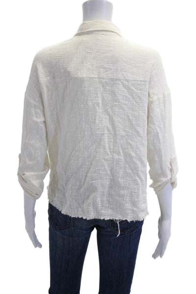 Decker Women Boho Cotton Collared Button-Up Blouse White 3/4 Sleeve Size S