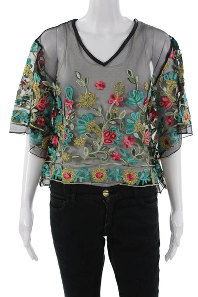 Rachel Zoe Women Cropped Floral V-Neck Short Sleeve Blouse Black Size One Size