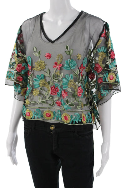 Rachel Zoe Women Cropped Floral V-Neck Short Sleeve Blouse Black Size One Size