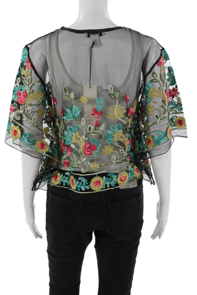 Rachel Zoe Women Cropped Floral V-Neck Short Sleeve Blouse Black Size One Size