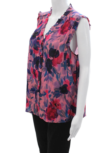 Go Silk Women Floral Silk V-Neck Sleeveless Button Blouse Size L