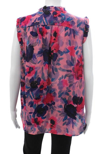 Go Silk Women Floral Silk V-Neck Sleeveless Button Blouse Size L