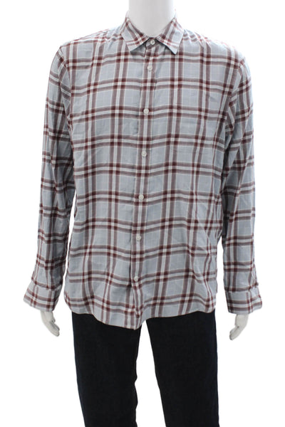 Vince Mens Point Collar Button Up Dress Shirt Light Blue Plaid Cotton Size L