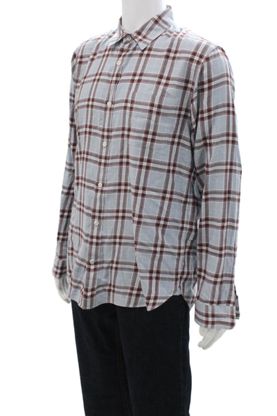Vince Mens Point Collar Button Up Dress Shirt Light Blue Plaid Cotton Size L