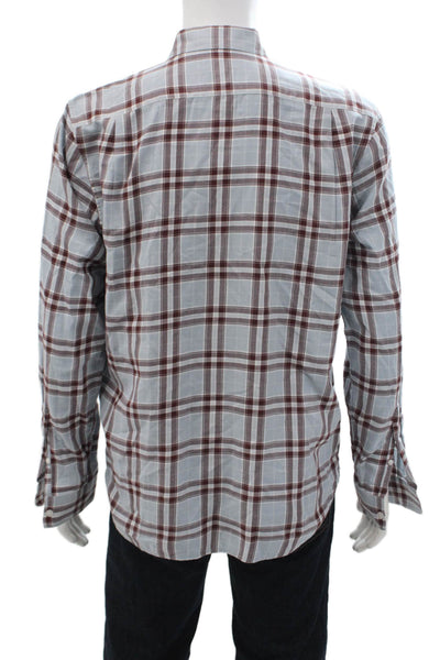 Vince Mens Point Collar Button Up Dress Shirt Light Blue Plaid Cotton Size L