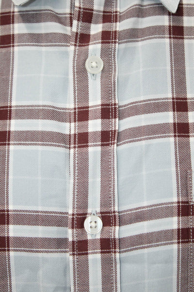 Vince Mens Point Collar Button Up Dress Shirt Light Blue Plaid Cotton Size L