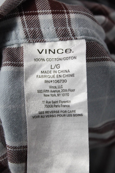 Vince Mens Point Collar Button Up Dress Shirt Light Blue Plaid Cotton Size L