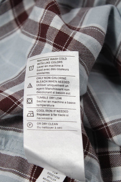 Vince Mens Point Collar Button Up Dress Shirt Light Blue Plaid Cotton Size L