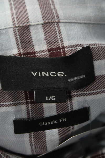 Vince Mens Point Collar Button Up Dress Shirt Light Blue Plaid Cotton Size L
