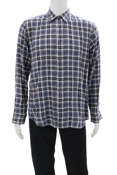 Theory Men Dress Shirt Button-Down Black Plaid Cotton Long Sleeve Size L