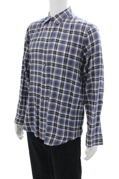 Theory Men Dress Shirt Button-Down Black Plaid Cotton Long Sleeve Size L