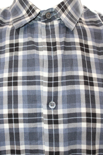 Theory Men Dress Shirt Button-Down Black Plaid Cotton Long Sleeve Size L