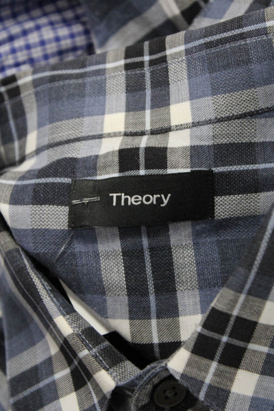 Theory Men Dress Shirt Button-Down Black Plaid Cotton Long Sleeve Size L