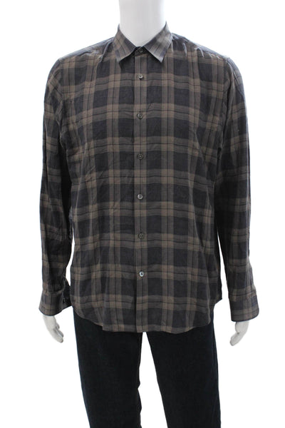 Theory Mens Point Collar Black Plaid Cotton Button-Up Long Sleeve Shirt Size L