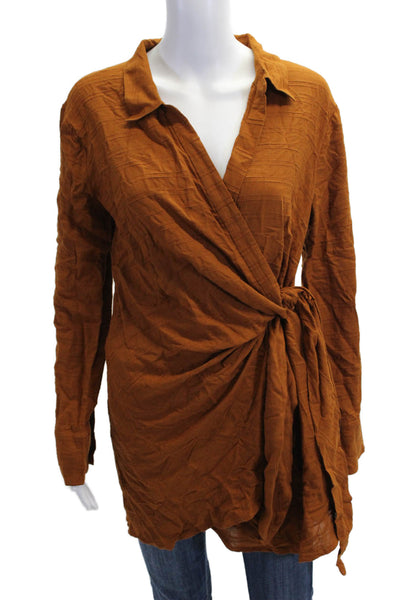 L Space Womens Boho Collared Tunic Blouse Brown Viscose Long Sleeve Size L