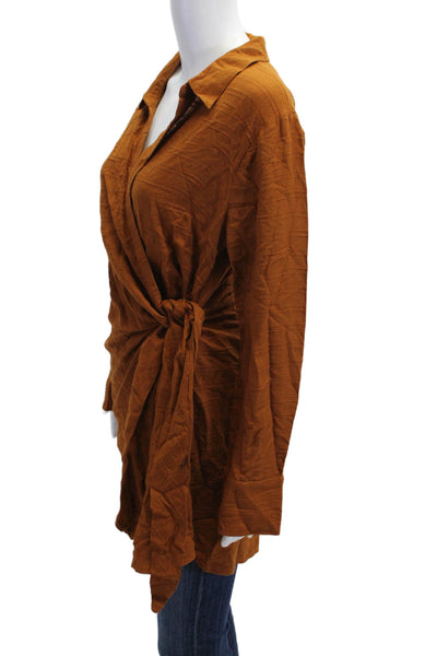 L Space Womens Boho Collared Tunic Blouse Brown Viscose Long Sleeve Size L