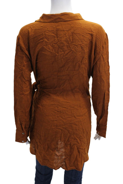 L Space Womens Boho Collared Tunic Blouse Brown Viscose Long Sleeve Size L