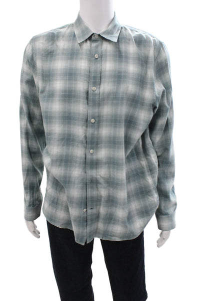 Vince Mens Cotton Plaid Collar Classic Fit Button Down Shirt Green Size L