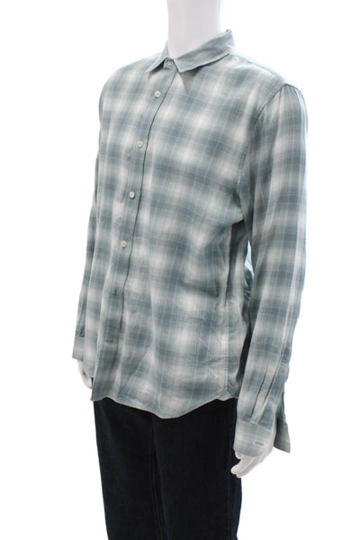 Vince Mens Cotton Plaid Collar Classic Fit Button Down Shirt Green Size L