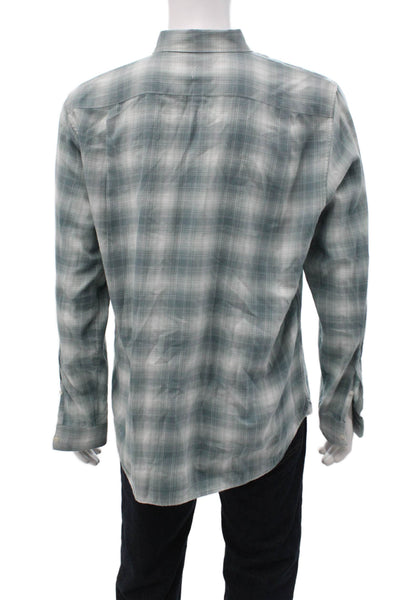 Vince Mens Cotton Plaid Collar Classic Fit Button Down Shirt Green Size L