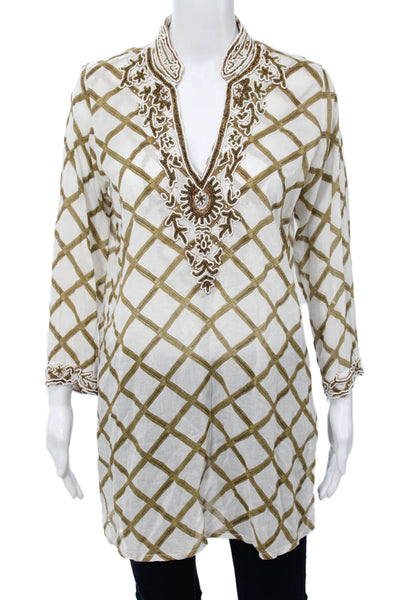 Barbara Gerwit Women Tunic Long Sleeve White Argyle Cotton Bohemian Size M