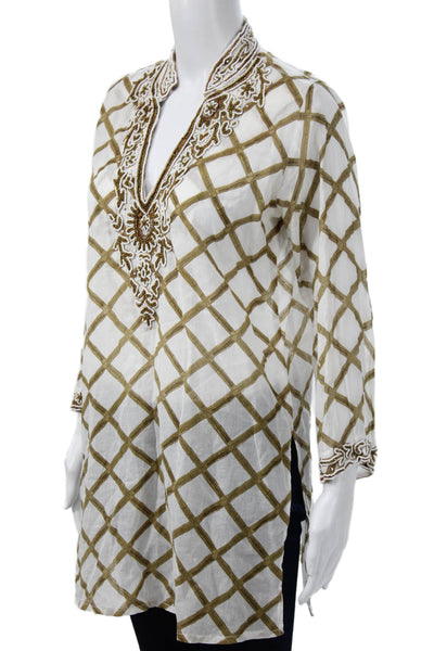 Barbara Gerwit Women Tunic Long Sleeve White Argyle Cotton Bohemian Size M