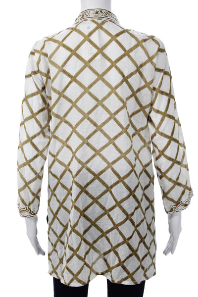 Barbara Gerwit Women Tunic Long Sleeve White Argyle Cotton Bohemian Size M