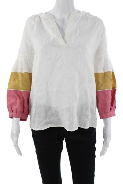 Vilagallo Women Tunic Blouse White Linen V-Neck 3/4 Sleeve Bohemian Size 38