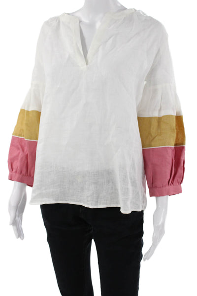 Vilagallo Women Tunic Blouse White Linen V-Neck 3/4 Sleeve Bohemian Size 38