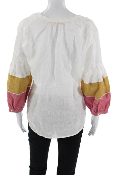 Vilagallo Women Tunic Blouse White Linen V-Neck 3/4 Sleeve Bohemian Size 38