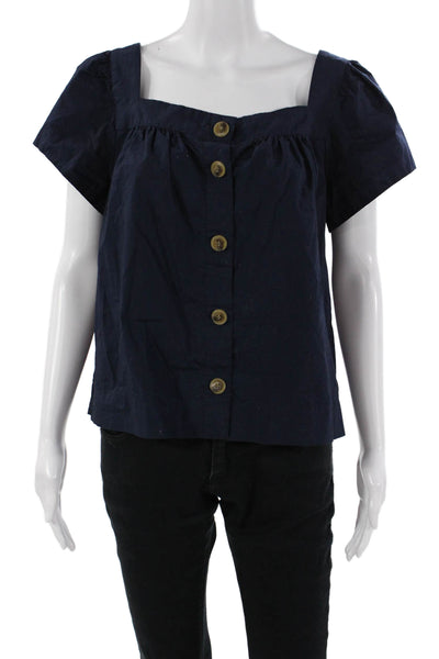 J Crew Womens Basic Dark Blue Cotton Square Neck Short Sleeve Blouse Size S