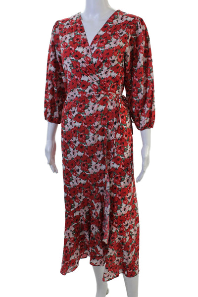 Rixo Womens Wrap Maxi Dress Red Cotton V Neck 3/4 Sleeve Tie Waist Size XS