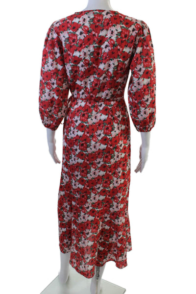Rixo Womens Wrap Maxi Dress Red Cotton V Neck 3/4 Sleeve Tie Waist Size XS