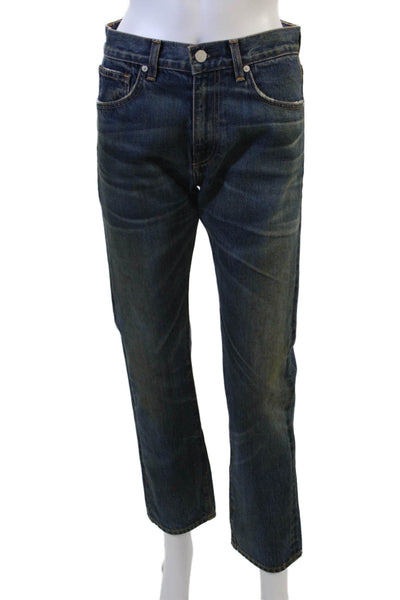 CQY Mens Cropped Straight Denim Jeans Dark Blue Mid Rise Size 26