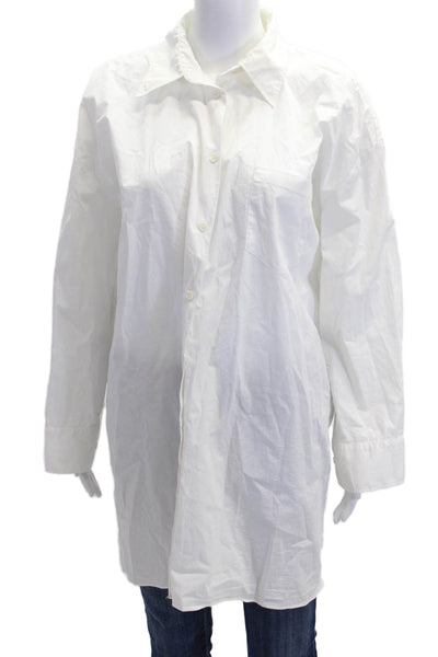 Zara Women Basic Tunic Button-Up White Cotton Collared Long Sleeve Size S