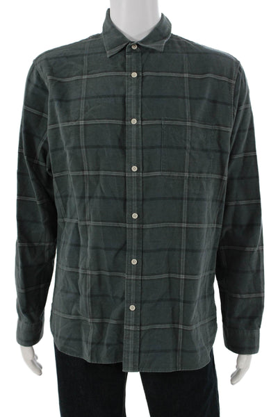 Vince Mens Plaid Cotton Collar Classic Fit Button Down Shirt Green Size L