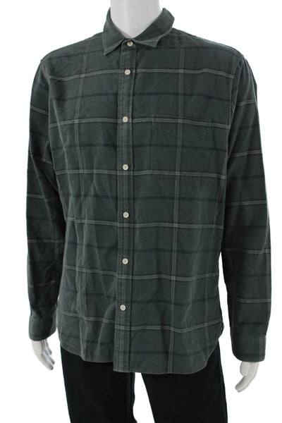 Vince Mens Plaid Cotton Collar Classic Fit Button Down Shirt Green Size L