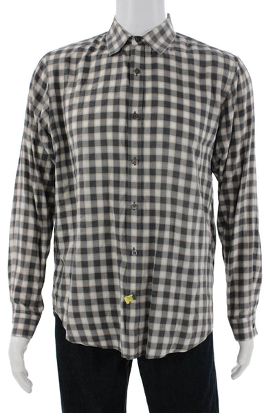 Theory Mens Point Collar Button-Up Check Shirt Beige Cotton Long Sleeve Size L