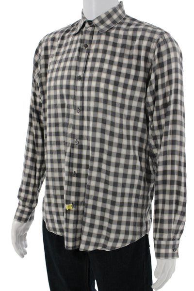 Theory Mens Point Collar Button-Up Check Shirt Beige Cotton Long Sleeve Size L