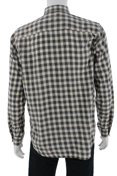 Theory Mens Point Collar Button-Up Check Shirt Beige Cotton Long Sleeve Size L